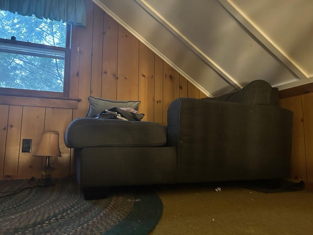 interior space featuring vaulted ceiling and wood walls