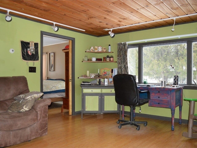 home office with wooden ceiling and wood-type flooring