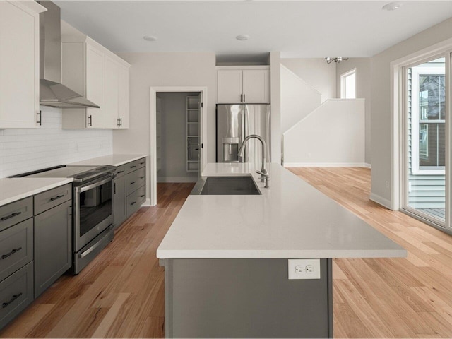 kitchen featuring appliances with stainless steel finishes, a center island with sink, white cabinetry, and wall chimney exhaust hood