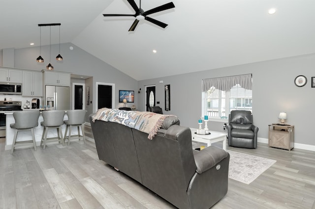 19 Whippoorwill Way, Somersworth, NH 03878 - living room featuring ceiling fan, light wood-style floors, high vaulted ceiling, and recessed lighting