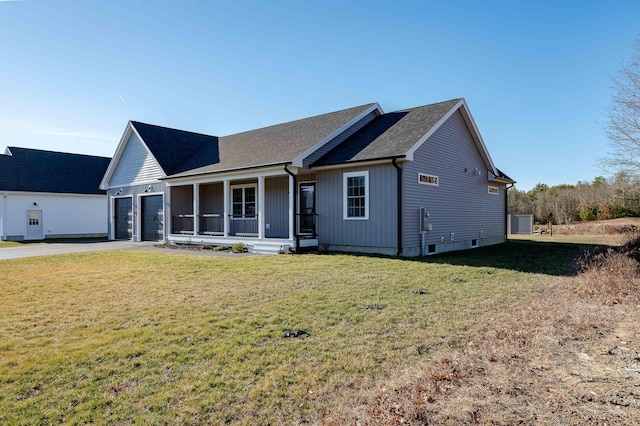 19 Whippoorwill Way, Somersworth, NH 03878 - single story home with covered porch, driveway, a front yard, an attached garage, and a shingled roof