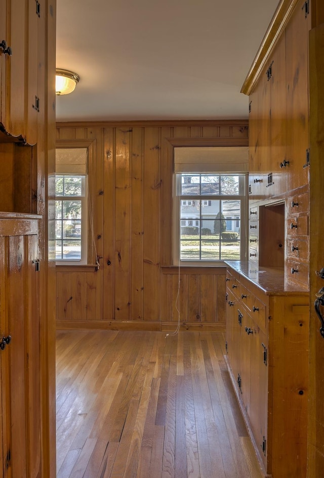 kitchen with light hardwood / wood-style floors and wooden walls