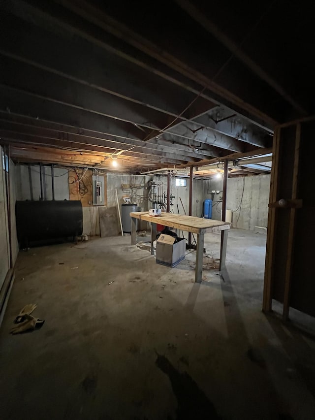 basement featuring gas water heater and electric panel