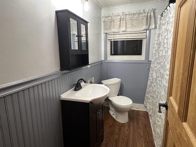 bathroom with vanity, toilet, and hardwood / wood-style floors