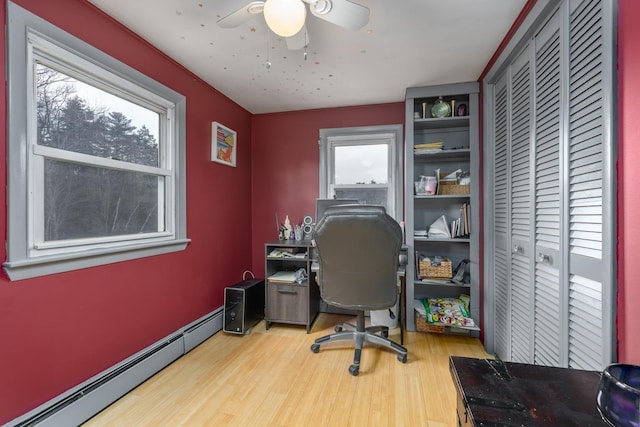 office with ceiling fan, baseboard heating, and light hardwood / wood-style flooring