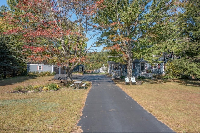 view of front of property featuring a front lawn and a storage shed