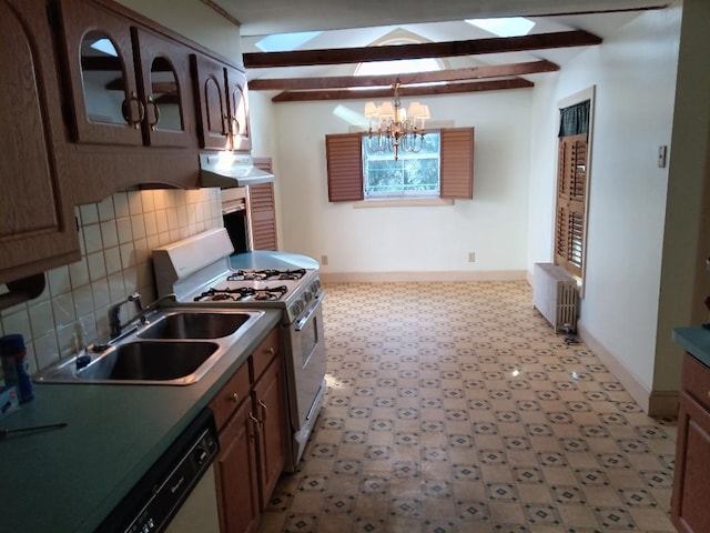 kitchen featuring range hood, lofted ceiling with beams, backsplash, a chandelier, and white appliances