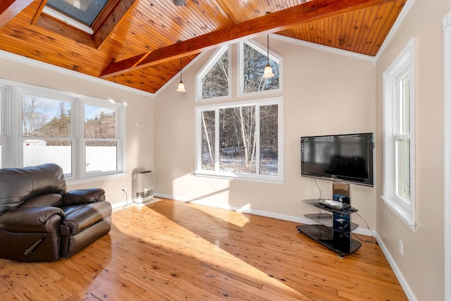 living room with ornamental molding, hardwood / wood-style flooring, lofted ceiling with skylight, and wooden ceiling