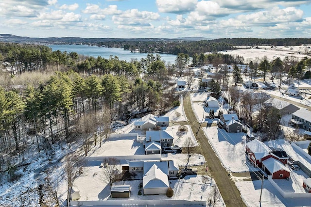 snowy aerial view featuring a water view