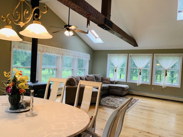 dining room with beam ceiling, a skylight, ceiling fan, a baseboard radiator, and light hardwood / wood-style floors