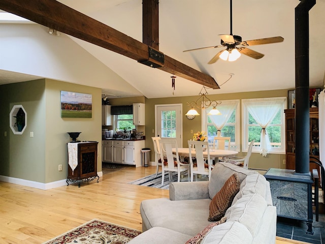 living room featuring beam ceiling, light hardwood / wood-style floors, a wood stove, and a healthy amount of sunlight