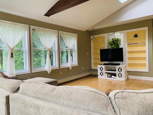 living room featuring lofted ceiling, wood-type flooring, and a baseboard heating unit