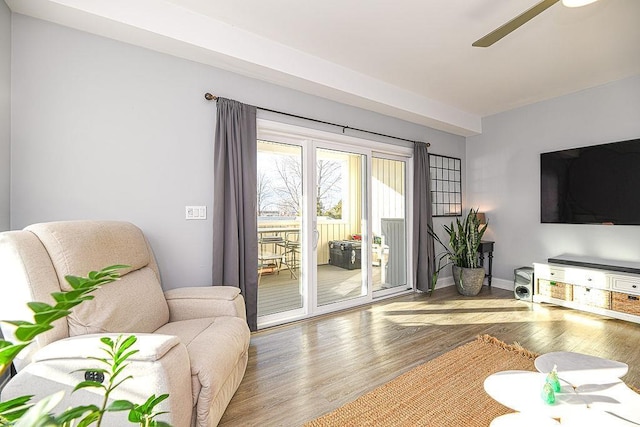 living room with hardwood / wood-style floors and ceiling fan