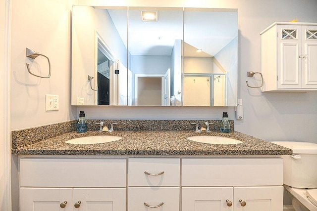 bathroom featuring a shower with door, vanity, and toilet