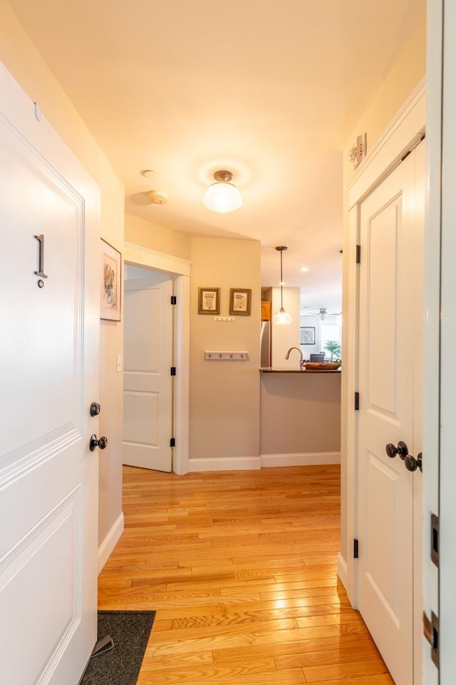 hall featuring light wood-type flooring and sink