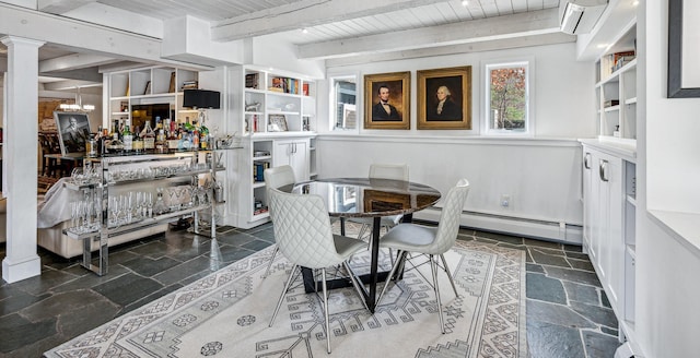 dining room with wood ceiling, baseboard heating, indoor bar, an AC wall unit, and beamed ceiling