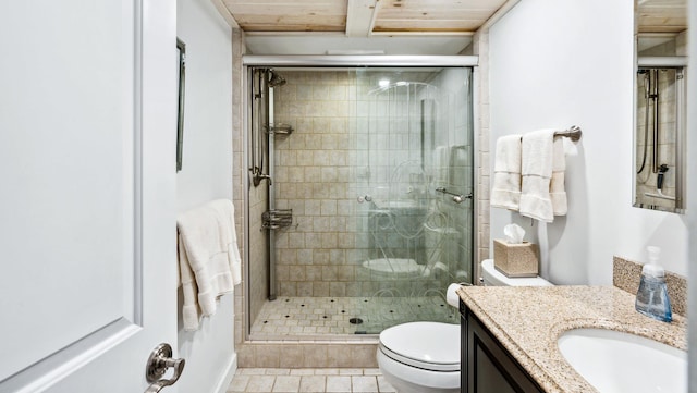 bathroom with vanity, wooden ceiling, tile patterned flooring, toilet, and a shower with shower door