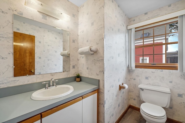 bathroom with vanity, hardwood / wood-style flooring, and toilet