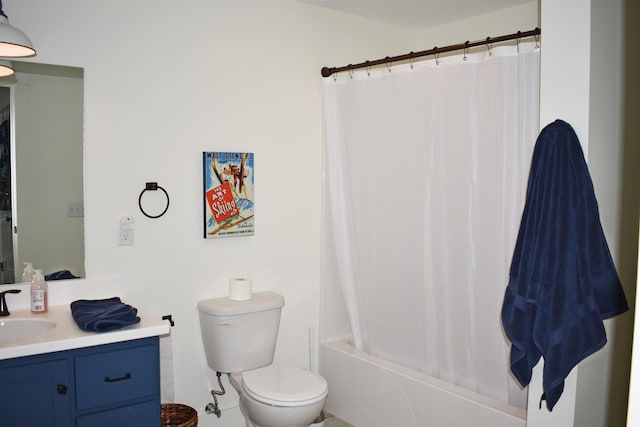 full bathroom with shower / bathtub combination with curtain, tile patterned flooring, vanity, and toilet