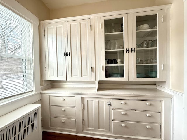 bar with radiator heating unit and white cabinets