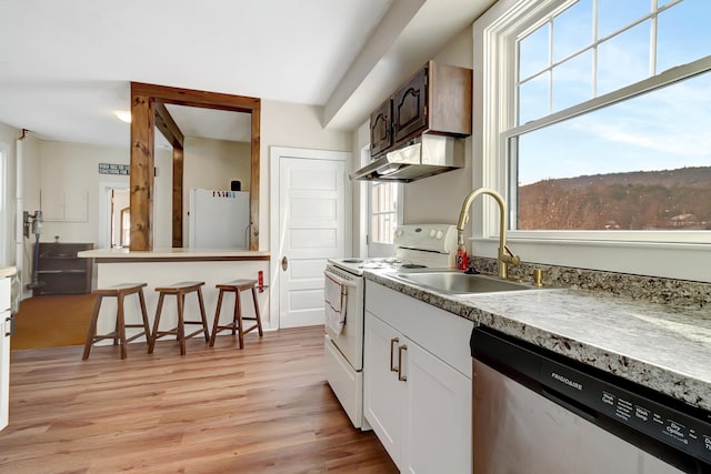 kitchen with white appliances, sink, a wealth of natural light, and light hardwood / wood-style flooring