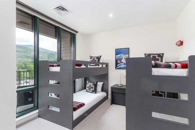 carpeted bedroom with a mountain view