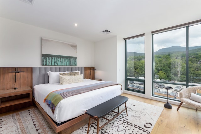 bedroom with a mountain view and light hardwood / wood-style floors