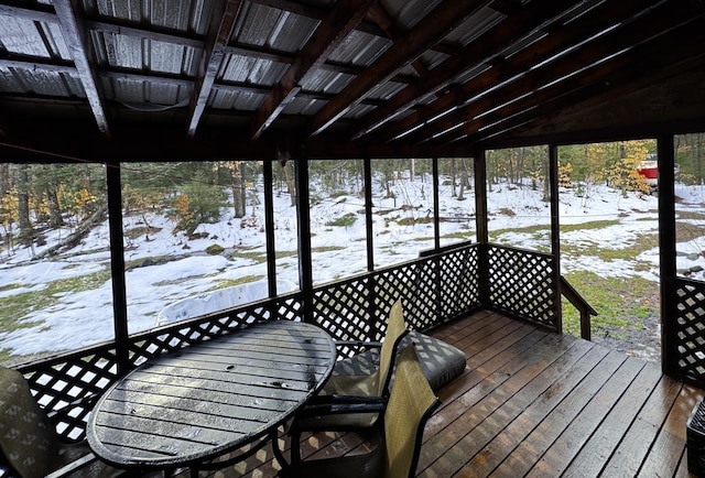 view of snow covered deck