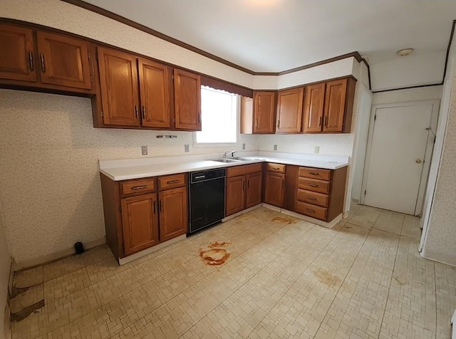 kitchen with dishwasher, ornamental molding, and sink