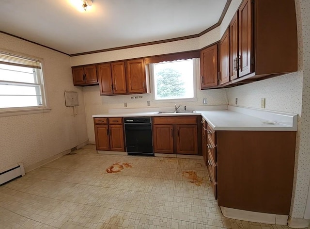 kitchen with sink, baseboard heating, and crown molding