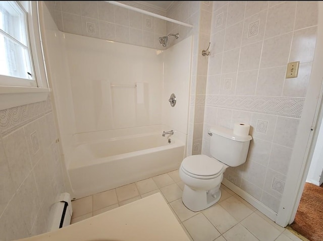 bathroom with tile patterned floors, a baseboard heating unit, tile walls, and toilet