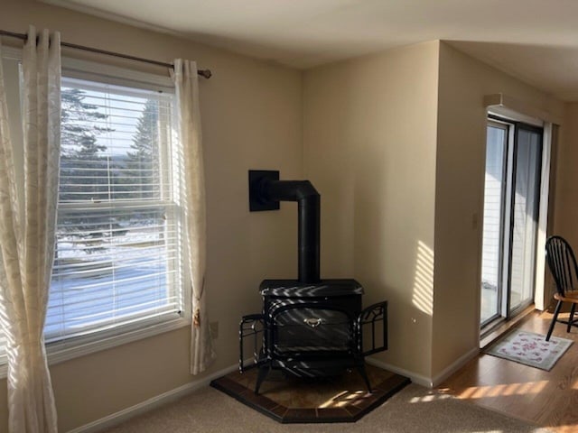 living room with hardwood / wood-style flooring and a wood stove