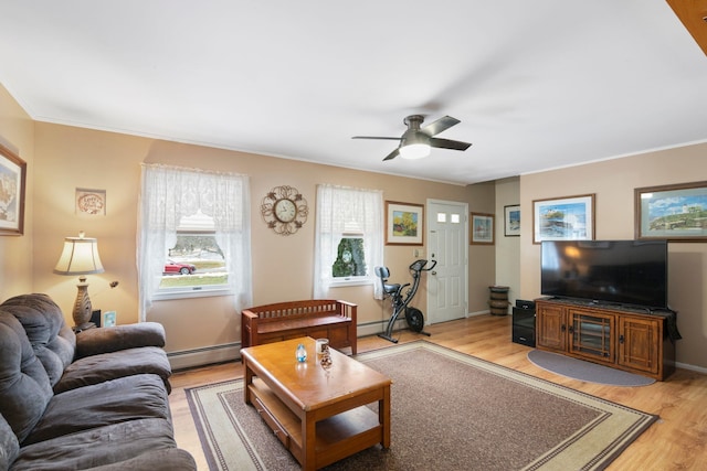 living room featuring baseboard heating, light wood-type flooring, and ceiling fan