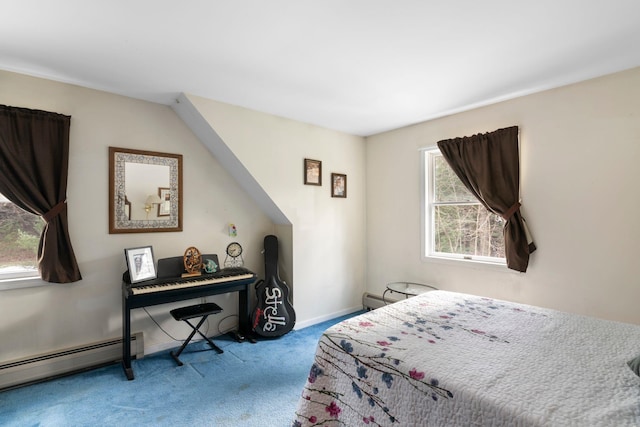 bedroom featuring light carpet and baseboard heating