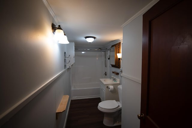 full bathroom with wood-type flooring, toilet, shower / tub combination, vanity, and ornamental molding