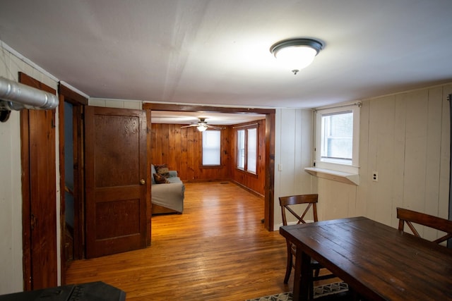 dining room with light wood-type flooring, ceiling fan, and wooden walls