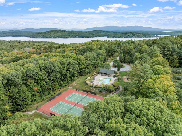 drone / aerial view with a water and mountain view