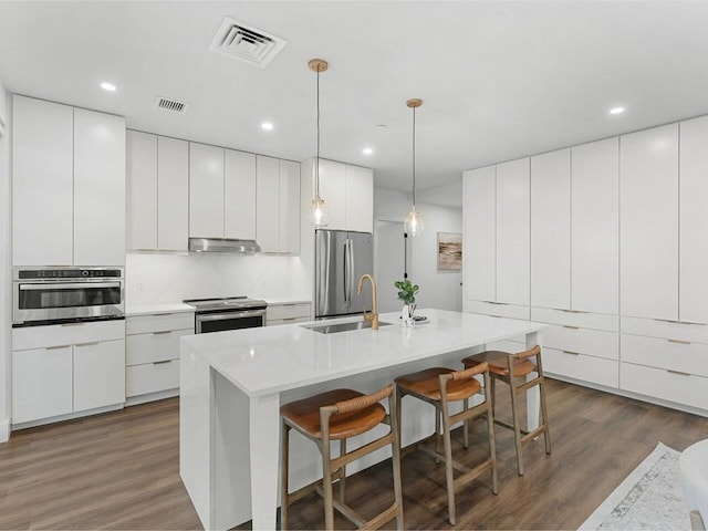 125 Cambrian Way Unit 609, Burlington, VT 05401 - kitchen featuring appliances with stainless steel finishes, a sink, a kitchen breakfast bar, under cabinet range hood, and dark wood-style floors
