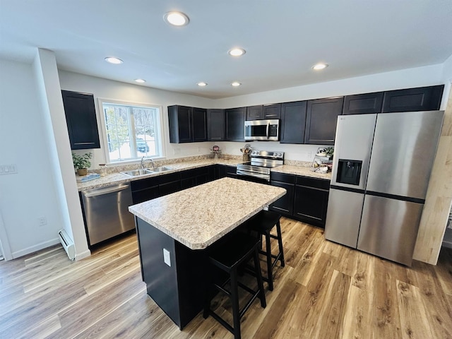 kitchen with light wood finished floors, a kitchen island, stainless steel appliances, and a sink