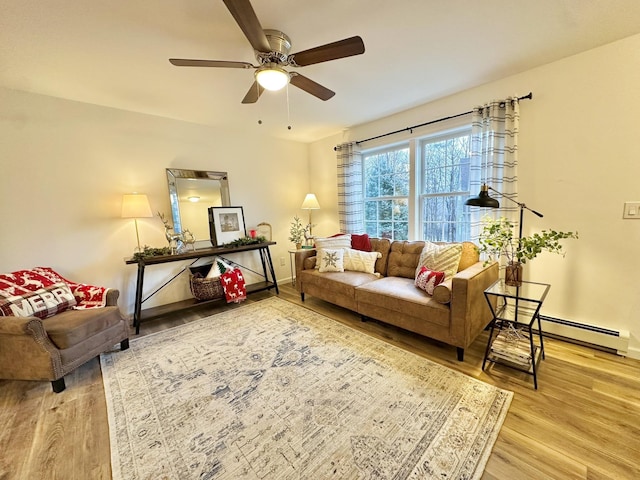 living room featuring hardwood / wood-style flooring, a baseboard heating unit, and ceiling fan