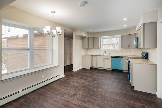 kitchen with sink, gray cabinets, baseboard heating, appliances with stainless steel finishes, and dark hardwood / wood-style flooring