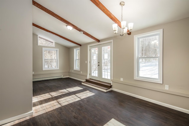 unfurnished room featuring baseboard heating, vaulted ceiling with beams, dark hardwood / wood-style flooring, and a chandelier