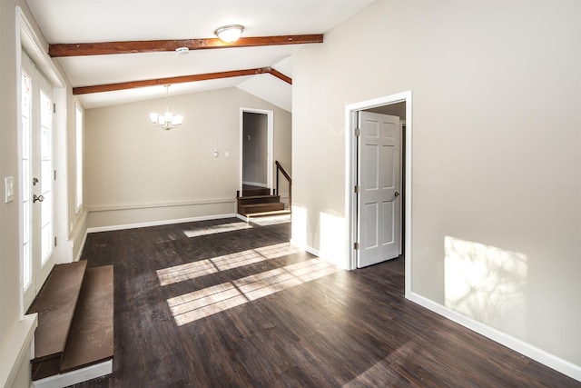 unfurnished room with lofted ceiling with beams, dark hardwood / wood-style floors, plenty of natural light, and a chandelier