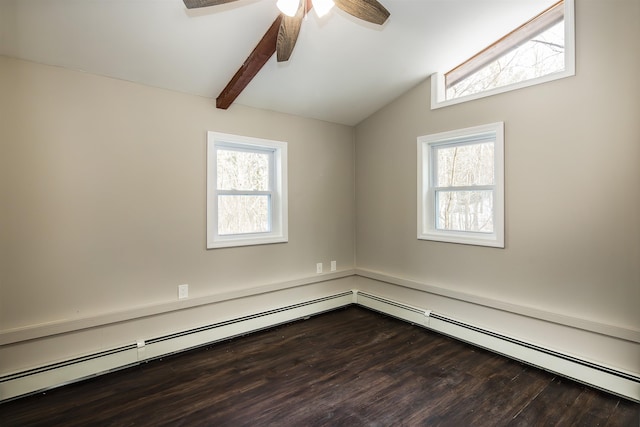 empty room with baseboard heating, ceiling fan, hardwood / wood-style floors, and vaulted ceiling