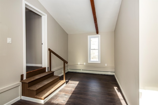 interior space with wood-type flooring, lofted ceiling with beams, and a baseboard heating unit