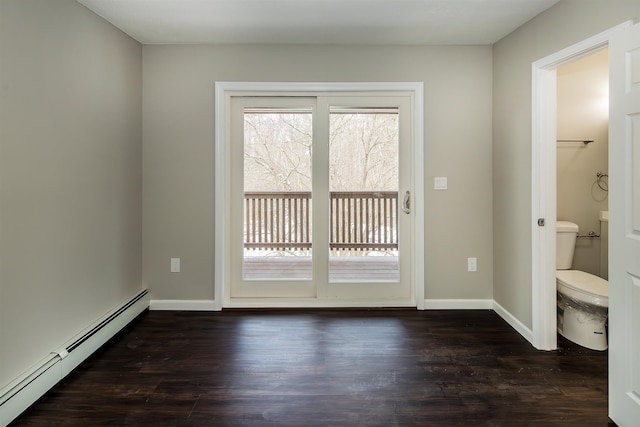 doorway featuring dark wood-type flooring and a baseboard radiator