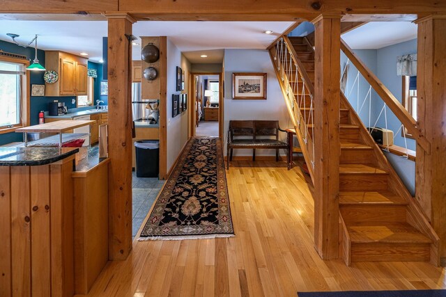 874 Vt Route 100, Ludlow, VT 05149 - kitchen with pendant lighting, light wood-type flooring, and sink