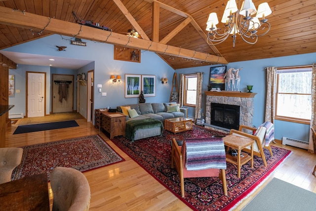 874 Vt Route 100, Ludlow, VT 05149 - living room featuring wood ceiling, a wealth of natural light, light hardwood / wood-style floors, and beam ceiling