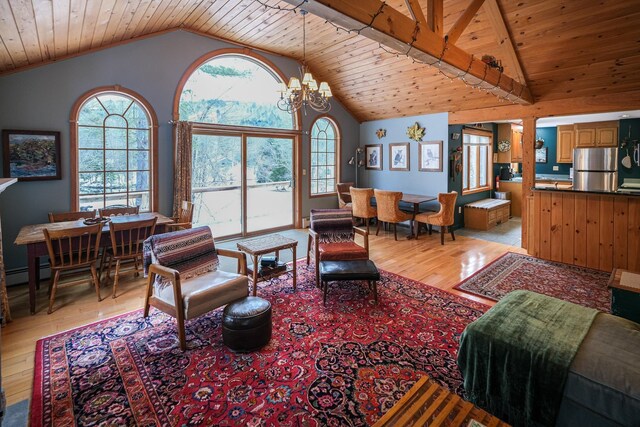 874 Vt Route 100, Ludlow, VT 05149 - living room featuring an inviting chandelier, vaulted ceiling, wood ceiling, and light hardwood / wood-style flooring
