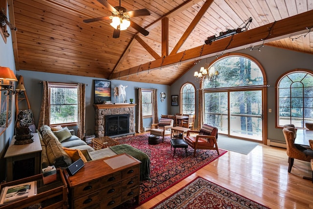 874 Vt Route 100, Ludlow, VT 05149 - living room featuring beamed ceiling, light hardwood / wood-style floors, wooden ceiling, and a fireplace